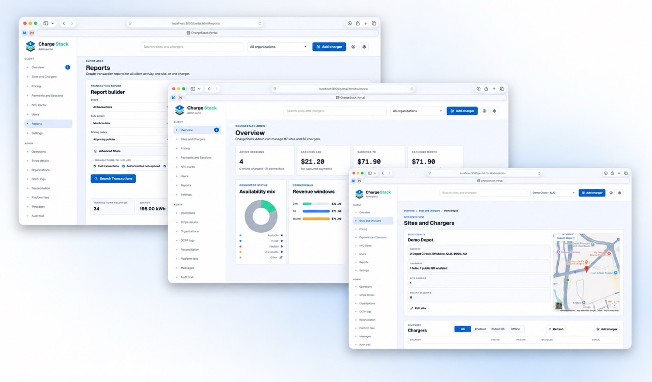 ChargeStack dashboard showing charger, session, and operations views.